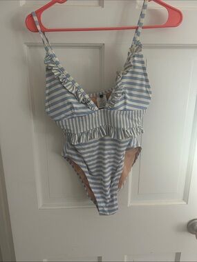 J. Crew Light Blue and White Striped One-Piece Swimsuit with Ruffle Trim
